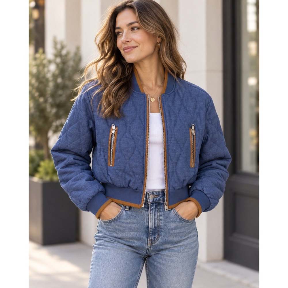 7 For All Mankind Womens S Quilted Chambray Bomber Jacket Blue Brown Cropped